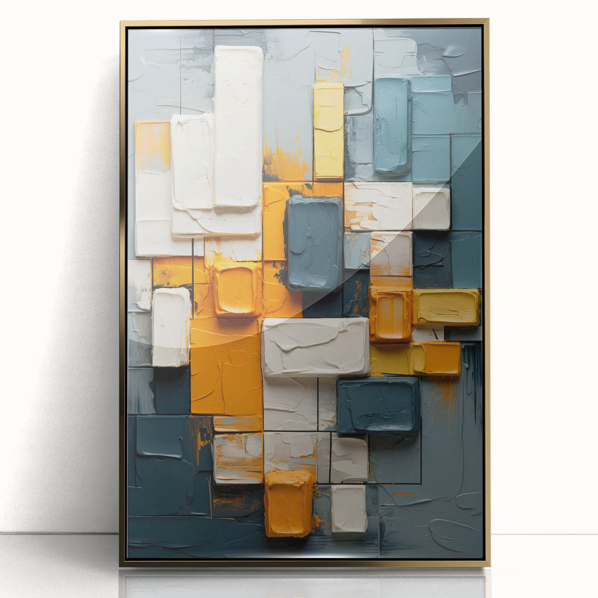 Framed abstract wall art showcasing dynamic gold strokes on an acrylic surface, elegantly mounted for modern decor, perfect for enhancing living spaces.