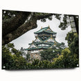 Acrylic glass artwork depicting a stunning side view of a vibrant landscape with intricate castle details, elegantly displayed with pins. Ideal for home décor.