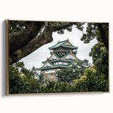 Framed canvas artwork showcasing a picturesque landscape with a castle, featuring a luxurious gold frame and side view to highlight its elegant design, perfect for home decor.