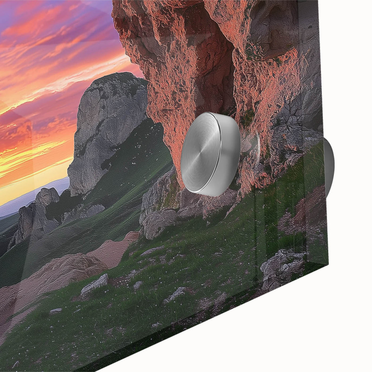 Close-up view of an acrylic glass artwork depicting a vibrant landscape with intricate cave formations, showcasing rich colors and textures ideal for modern decor.