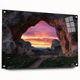 Acrylic glass artwork showcasing a vibrant landscape with intricate cave details, presented in a side view with pinned edges, ideal for modern home decor.