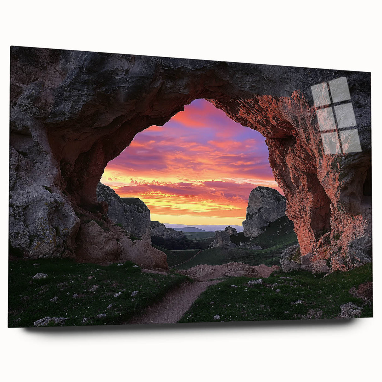 Acrylic glass artwork showcasing a stunning side view of a vibrant cave landscape, featuring intricate details and vivid colors ideal for home decor. This piece enhances any room with its artistic depth and natural beauty.
