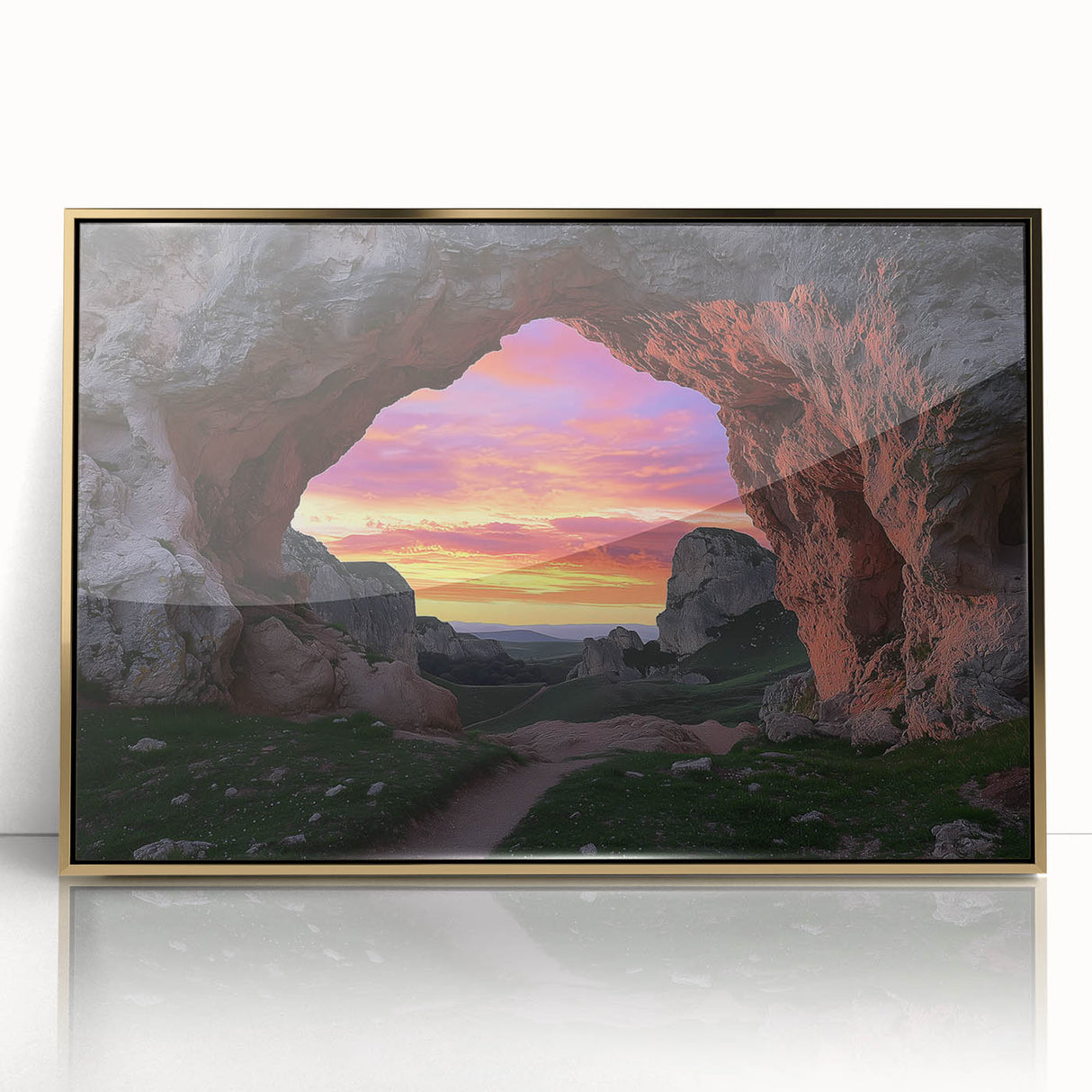 Framed acrylic artwork depicting a stunning cave landscape with rich gold accents, ideal for home decor, showcasing natural beauty and artistic detail.