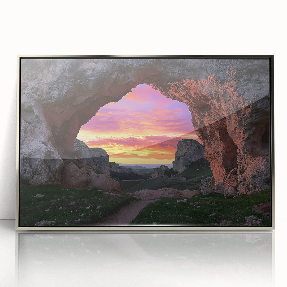 Framed acrylic artwork titled "Landscapes and Caves," showcasing a stunning blend of earthy tones and intricate details, ideal for modern home decor or gallery display.