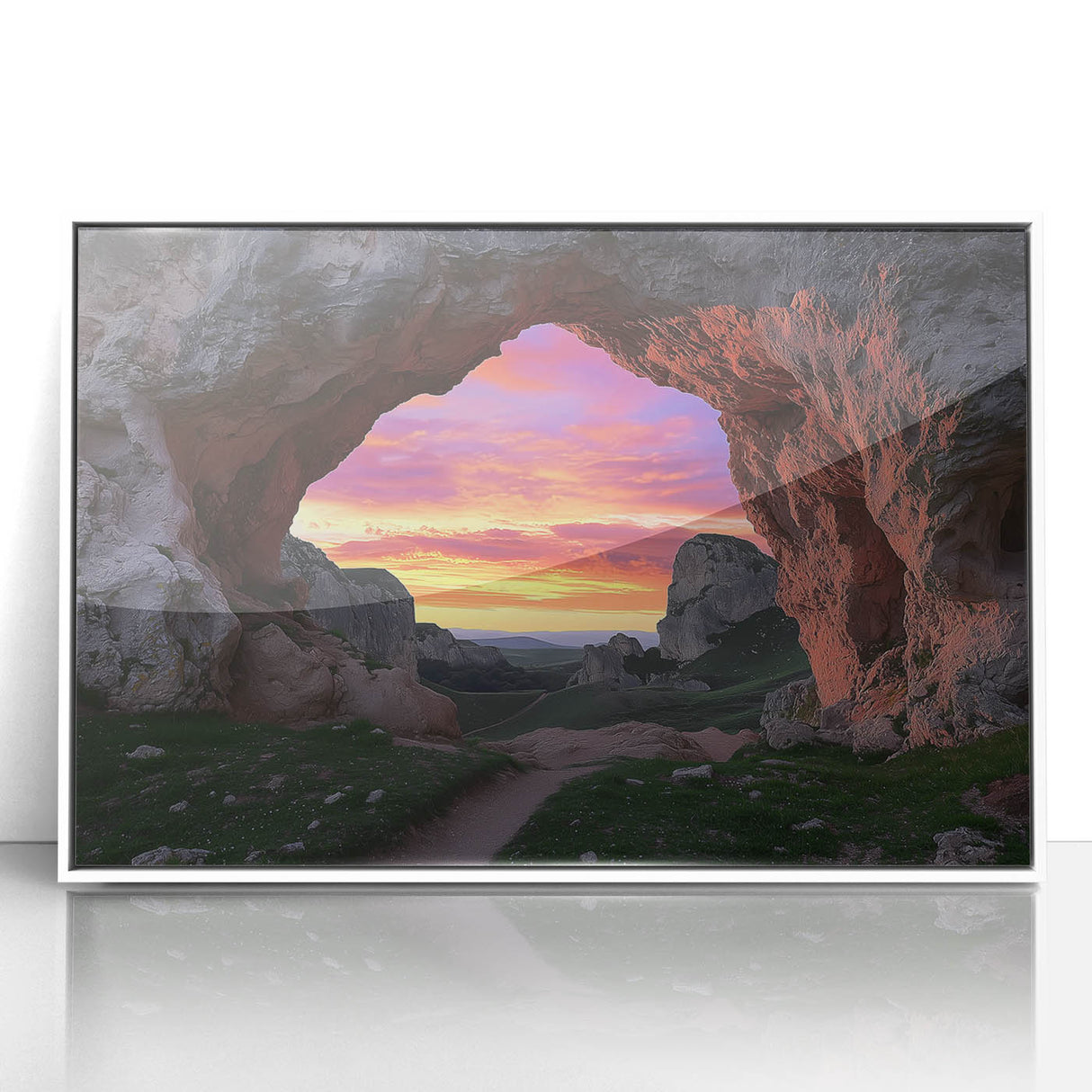 Framed acrylic artwork showcasing a stunning landscape with intricate cave formations, presented in a sleek white frame, perfect for enhancing modern home decor.