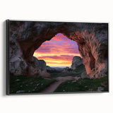 Framed canvas artwork showcasing a vibrant landscape with caves, featuring a sleek black frame and side view that highlights texture and depth. Perfect for modern home decor.