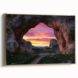 Framed canvas artwork showcasing a breathtaking landscape with intricate cave details, enhanced by a luxurious gold frame, perfect for elegant home decor.
