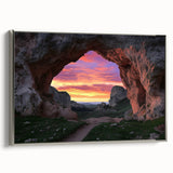 Framed canvas artwork showcasing a stunning landscape with intricate cave details, featuring a silver frame that enhances its elegance and depth. Ideal for modern home decor, this piece adds a touch of nature-inspired beauty to any living space.