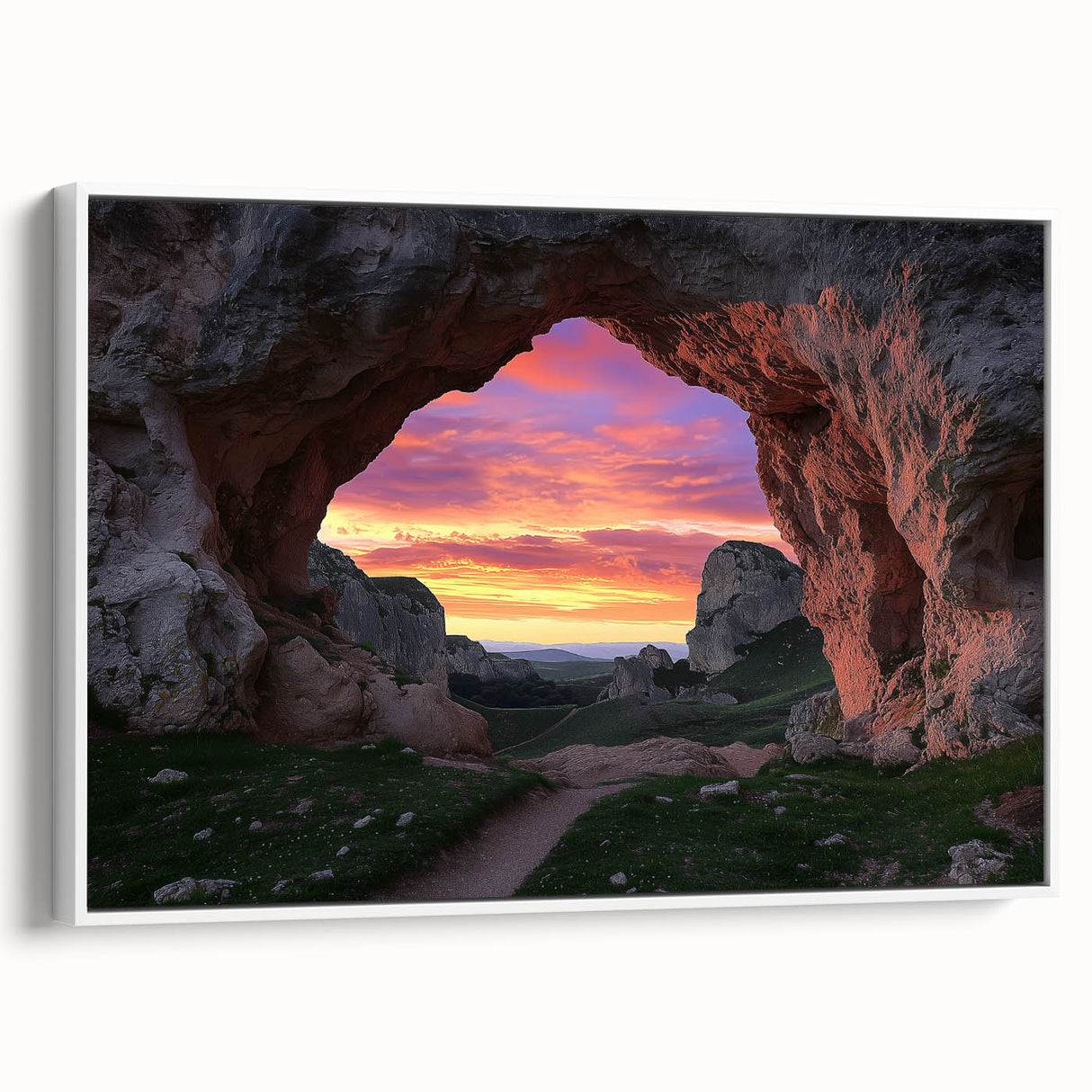 Framed canvas artwork showcasing a serene landscape with cave formations, displayed from a side view against a white background, ideal for modern home decor.