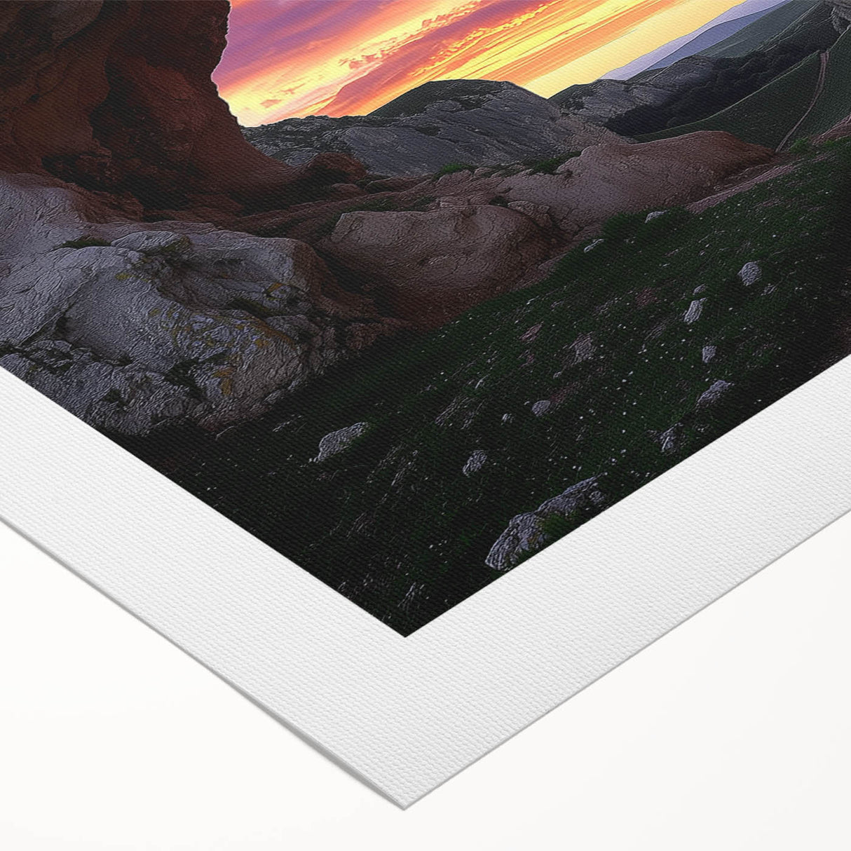 Vibrant rolled canvas artwork depicting a serene landscape with caves, showcasing earthy tones and intricate details, ideal for home decor and art collectors.