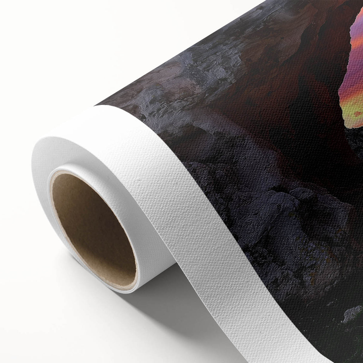 Captivating rolled canvas artwork depicting a vibrant landscape with caves, showcasing rich colors and intricate details, perfect for home decor.