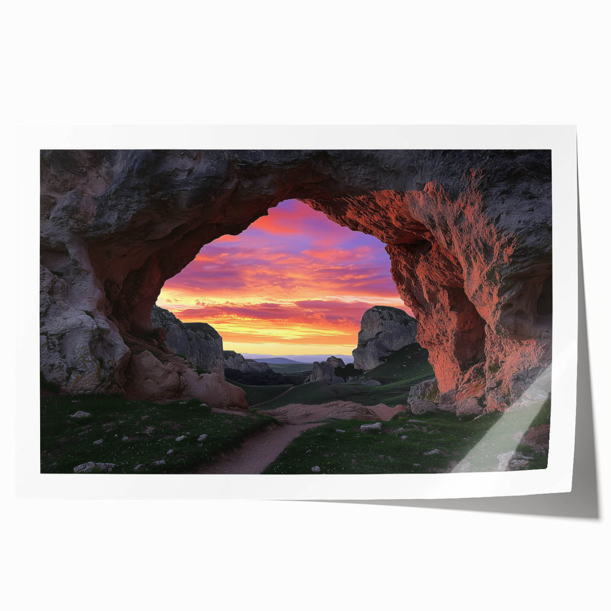 Abstract landscape artwork depicting colorful cave formations in vibrant hues, rolled up for shipping, ideal for modern home decor. Perfect for art enthusiasts seeking unique wall art.