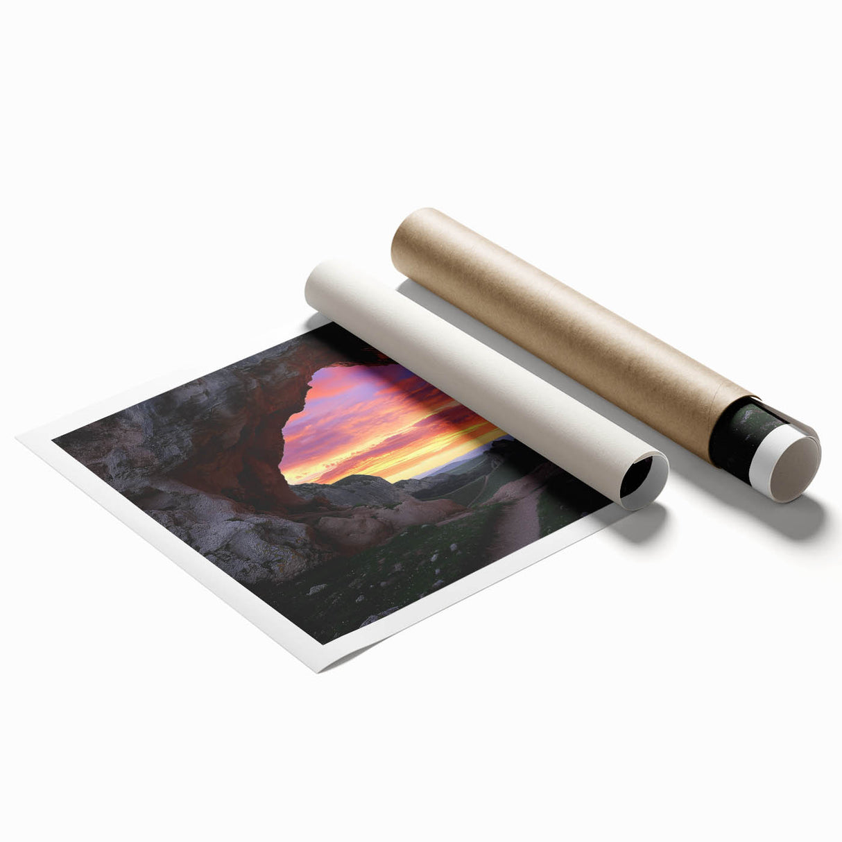 Vibrant rolled print showcasing intricate landscape and cave designs, featuring earthy tones and detailed textures, ideal for home decor and artistic displays.
