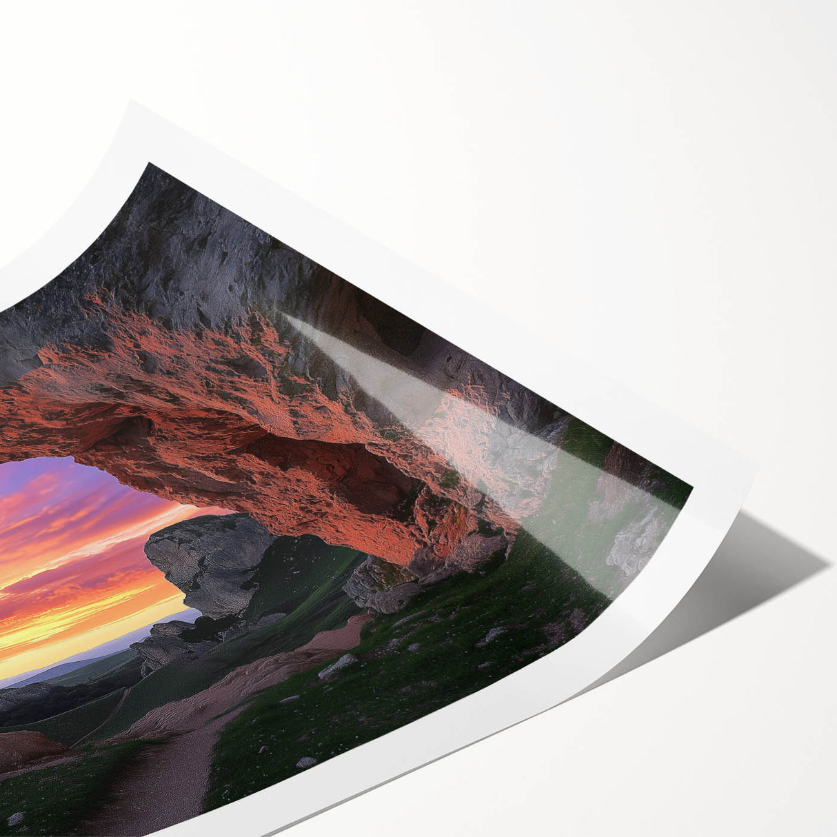 Vibrant landscape cave artwork printed on high-quality canvas, showcasing intricate details and earthy colors, elegantly rolled for easy display or gifting.