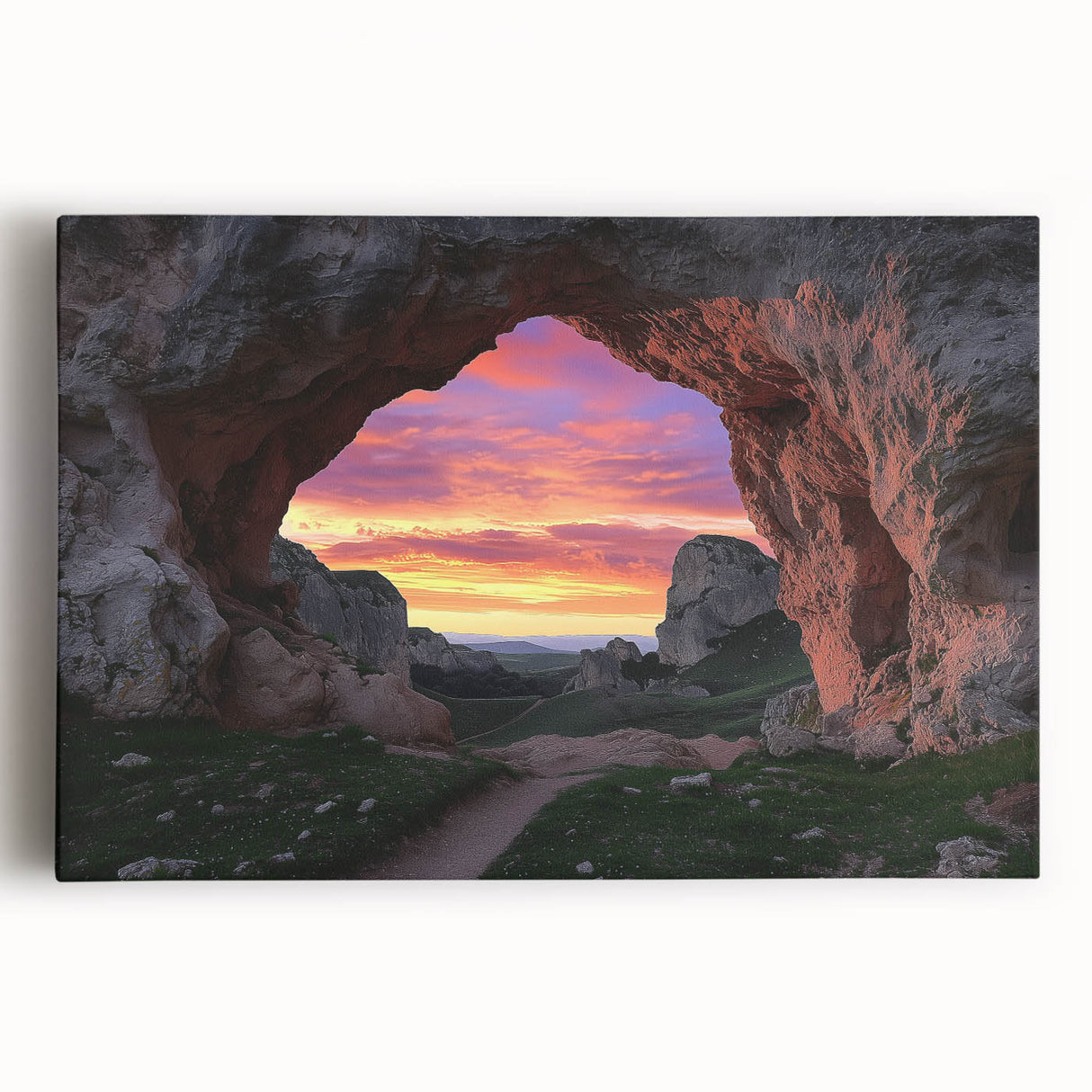 Stretched canvas artwork depicting a vibrant landscape with caves, featuring rich earth tones and detailed textures, perfect for enhancing home decor or art collection.