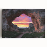 Stretched canvas artwork depicting a vibrant landscape with caves, featuring rich earth tones and detailed textures, perfect for enhancing home decor or art collection.