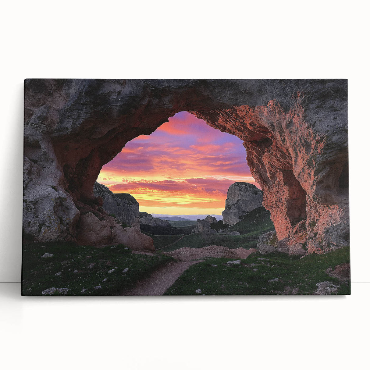 Stretched canvas artwork depicting a serene landscape with caves, featuring earthy tones of browns and greens, perfect for enhancing home decor aesthetics.