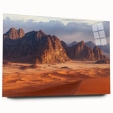 Acrylic landscape artwork depicting dramatic cliffs with vibrant colors, showcased in a sleek glass frame, enhancing modern decor aesthetics. Perfect for nature lovers.