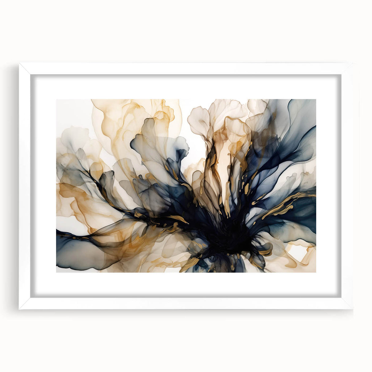 Abstract floral wall art framed in white, featuring vibrant colors and intricate patterns, designed to enhance modern home decor. Perfect for living rooms or galleries.