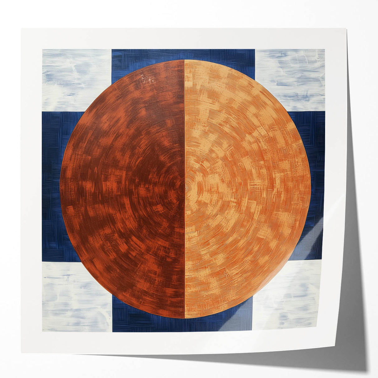 Abstract geometric art print featuring vibrant colors of blue, orange, and yellow on a glossy surface, ideal for modern home decor and interior design.