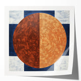 Abstract geometric art print featuring vibrant colors of blue, orange, and yellow on a glossy surface, ideal for modern home decor and interior design.