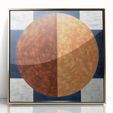 Framed abstract geometric art piece with a gold-accented design, showcasing intricate shapes and lines against a sleek acrylic background, ideal for modern decor. This vibrant artwork adds a touch of elegance to any interior space.
