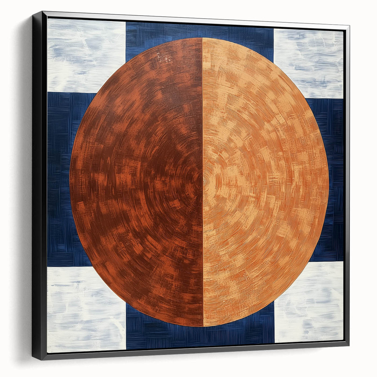 Framed abstract geometric canvas art with a black border, showcasing sharp angles and modern design elements, ideal for contemporary home decor.