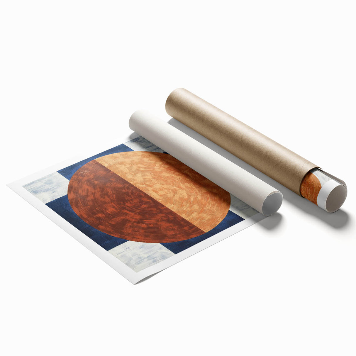 Abstract geometric rolled print showcasing vibrant colors and intricate shapes, designed for modern home decor, packaged securely in a protective cardboard tube.