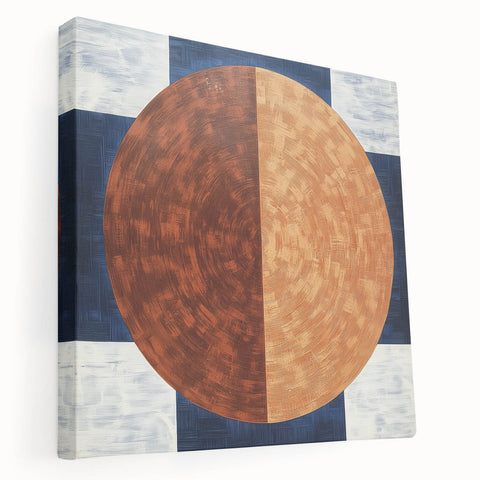 Abstract geometric stretched canvas artwork showcasing vibrant colors and intricate patterns, ideal for modern home decor, viewed from the side to highlight depth.