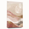 Abstract landscape wall art displayed in a side view, featuring vibrant colors and intricate patterns, mounted on acrylic glass with stylish pins for a modern aesthetic.