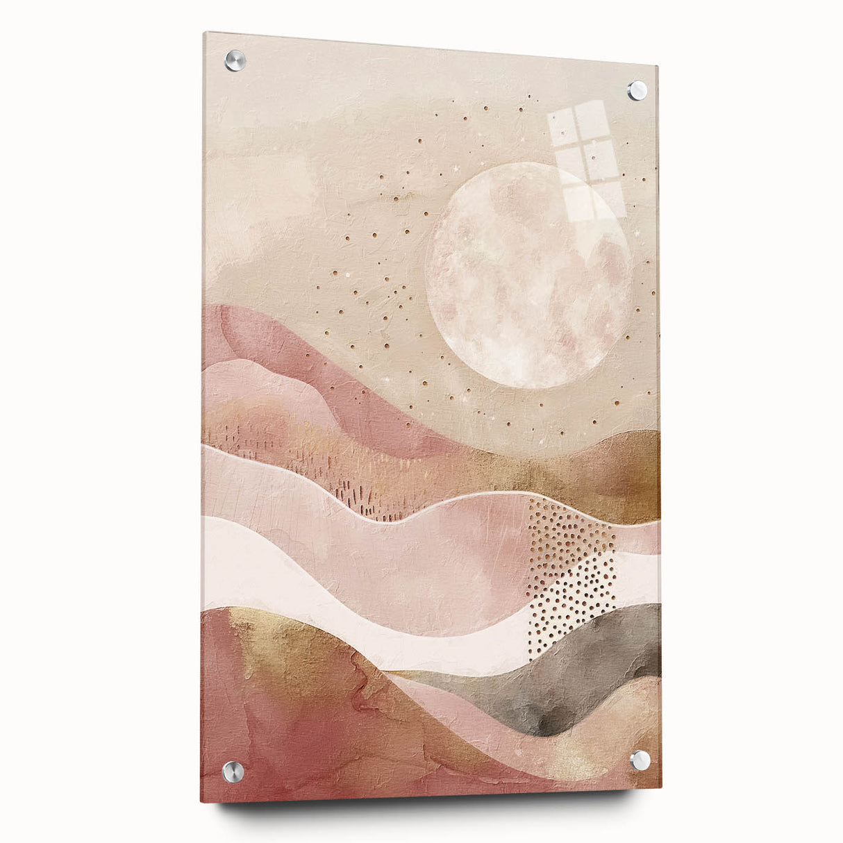 Abstract landscape wall art displayed in a side view, featuring vibrant colors and intricate patterns, mounted on acrylic glass with stylish pins for a modern aesthetic.
