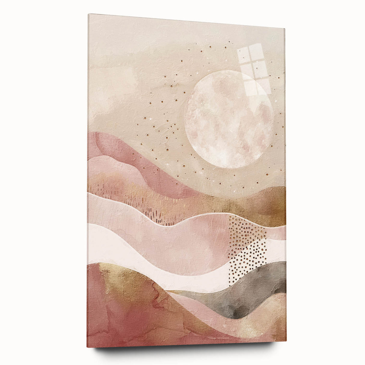 Abstract landscape wall art displayed in a sleek acrylic glass frame, showcasing vibrant colors and fluid shapes, perfect for modern interior decor.