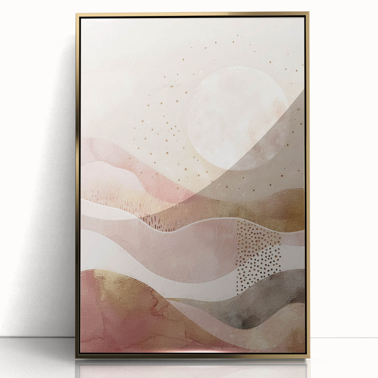 Framed abstract landscape wall art featuring a gold-acrylic design, showcasing a modern artistic interpretation with vibrant colors, ideal for contemporary home decor.