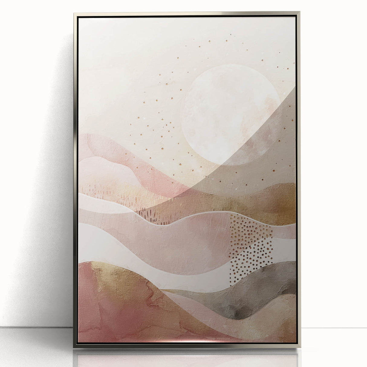 Framed abstract landscape wall art in silver acrylic, showcasing vibrant colors and dynamic shapes, perfect for modern home decor and artistic interiors.
