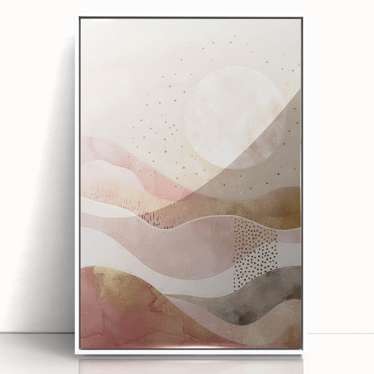 Framed abstract landscape wall art featuring vibrant colors and dynamic shapes, displayed in a sleek white frame, perfect for modern home decor.