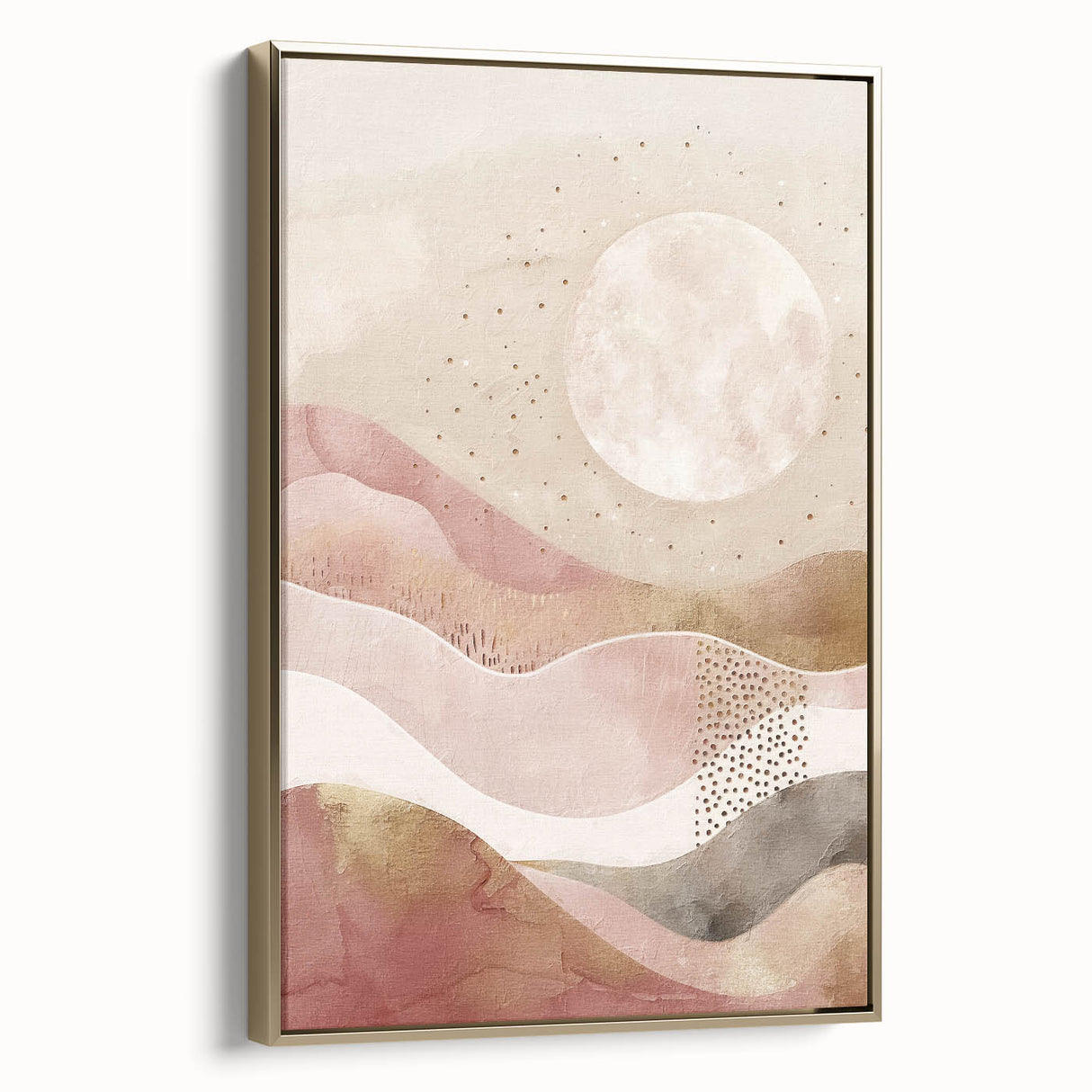 Framed abstract landscape wall art showcasing a serene blend of gold and earthy tones, perfect for modern decor. Side view highlights its elegant frame and canvas texture.