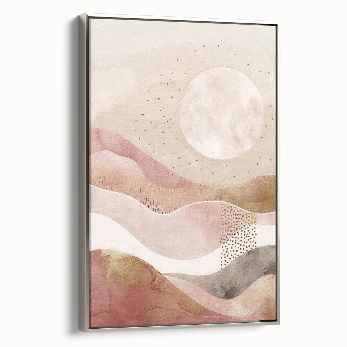 Framed abstract landscape wall art in silver frame, showcasing vibrant colors and textures, ideal for modern home decor. Side view highlights its elegant design.
