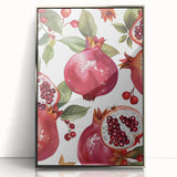 Mid-century modernist art featuring assorted fruits in vibrant colors on a silver-framed acrylic print.