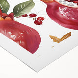Art deco poster featuring an assortment of fruits in vibrant colors on a rolled canvas, suitable for dining room decor.