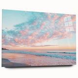 Acrylic landscape artwork showcasing serene beaches with vibrant colors, viewed from the side, highlighting its glossy finish and artful design. Perfect for coastal decor.
