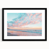 Framed landscape artwork showcasing a serene beach scene with vibrant colors, set in a sleek black frame and mat, perfect for home decor enhancement.