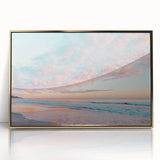 Framed acrylic artwork showcasing a serene beach landscape with golden hues, ideal for adding a calming atmosphere to home decor. Perfect for coastal theme enthusiasts.