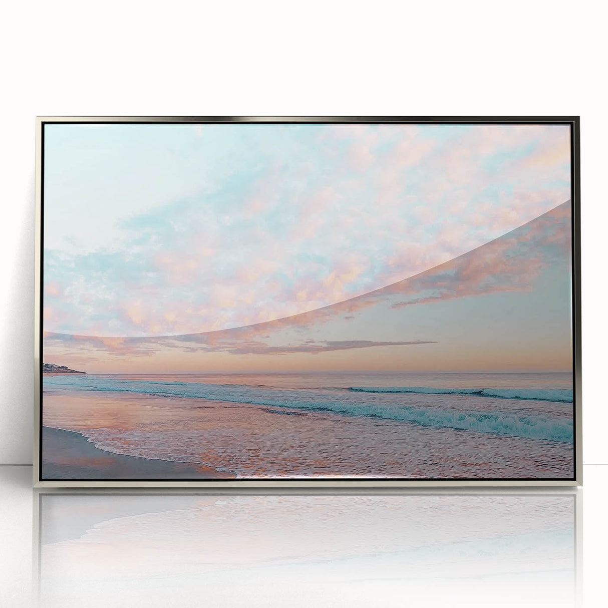 Framed acrylic artwork showcasing a serene beach landscape with vibrant blue skies and gentle waves, designed to enhance modern home decor.