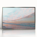 Framed acrylic artwork showcasing a serene beach landscape with vibrant blue skies and gentle waves, designed to enhance modern home decor.