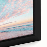 Framed close-up of a vibrant beach landscape canvas print showcasing vivid blues and sandy tones, perfect for coastal decor enthusiasts. Ideal for brightening living spaces.
