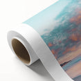 Vibrant rolled canvas artwork depicting a serene beach landscape with soft waves and a colorful sunset, perfect for home decor or office ambiance.