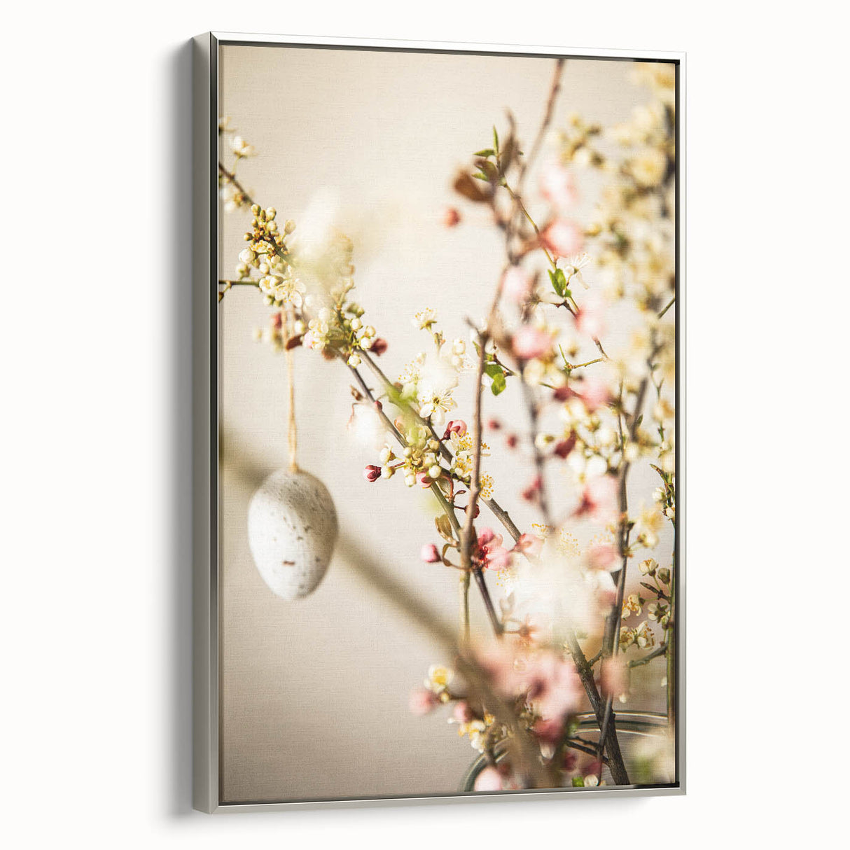Landscape painting of spring season on framed canvas, featuring vibrant green and floral colors, ideal for living room decor.