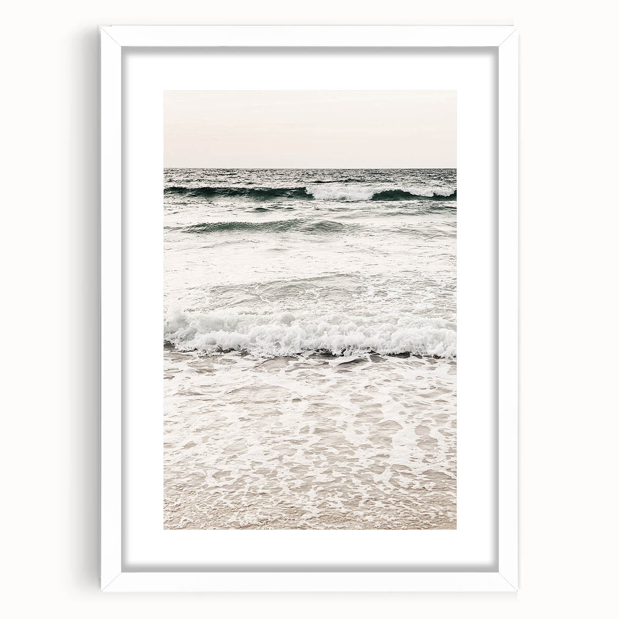Abstract art print featuring vibrant summer hues on a white-framed canvas, suitable for bedroom or dining room decor.