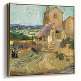 Vintage poster art of a landscape painting on framed canvas, featuring silver and gold tones.