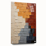 Abstract wall art featuring vibrant strokes in shades of blue, orange, and yellow, displayed in a sleek acrylic frame with visible mounting pins, enhancing modern decor.